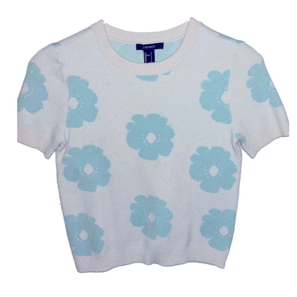 Retro White Wool Shirt w/ Blue Flowers